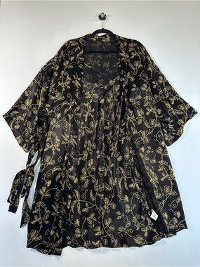 St. Michael Nightgown & Robe 2-Piece Sleepwear Set Black Gold Size L